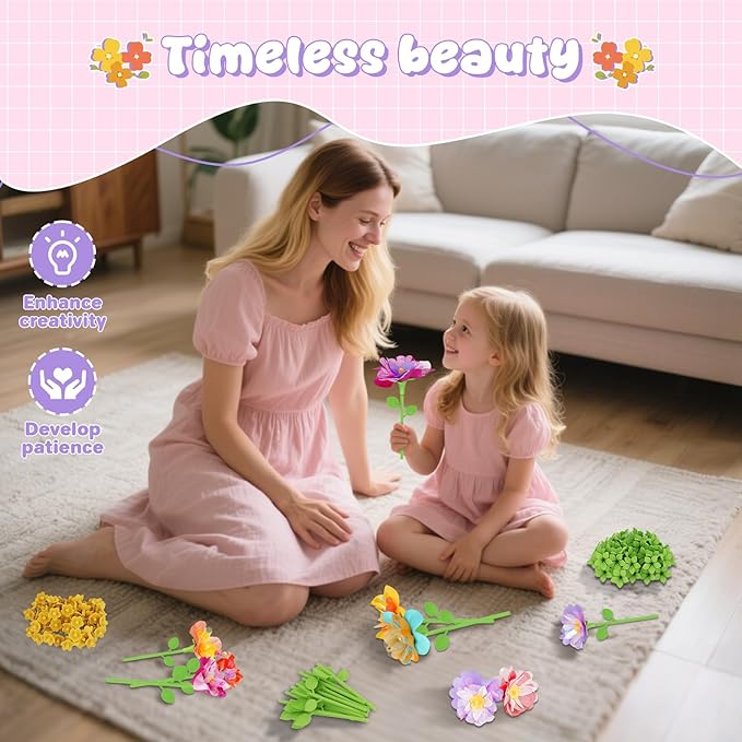 FUNZBO 216 Pcs DIY Fabric Flower Bouquets Toys Accessories - Flowers Market Toy Accessorie - Arts & Crafts Toy Accessories for 4 5 6 7 8+Year Old Girl Birthday Gifts Ideas (36 Flower Stems)
