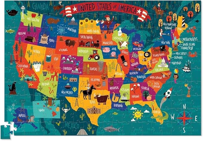 Crocodile Creek 200-Piece Jigsaw Floor Puzzle with Matching Poster - Fun Puzzles for Kids Ages 6-8 and Up - Heavy-Duty Storage Cylinder with Handle - USA Map - 19" x 13" Finished