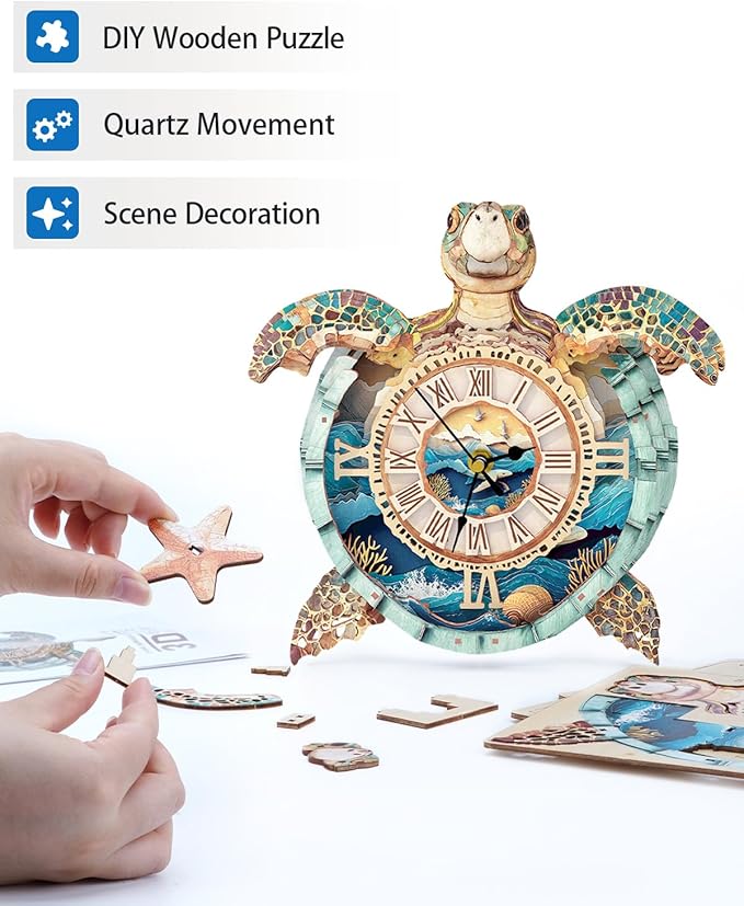 Rnfinewow 3D Puzzles for Adults, 3D Puzzle Sea Turtle Clock Kit (with Pendulum), Wooden Puzzles for Adults Home Wall Decor Clock Christmas Day Puzzle Gifts for Women Men