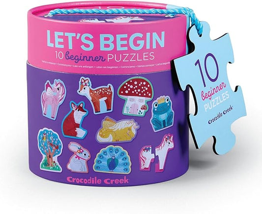 Crocodile Creek Let’s Begin Puzzle - Ten 2-Piece Beginner Puzzles for Ages 2 and Up - Heavy-Duty Storage Canister with Handle - Colorful Unicorns Design - Each Puzzle is 6" L x 4" H Finished