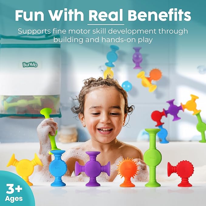 BUNMO Bath Toys Suction - Connect, Build, Create - Bath Toys - Hours of Fun & Creativity - Fine Motor Skills - Stimulating Sensory Toys - Non-Mouthable Toy 3+ - Textured 44 Pack