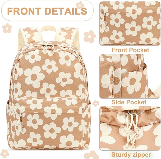 LEDAOU Kids School Backpack with Lunch Box for Boy Girl Toddler BookBag School Bag Preschool Kindergarten Backpack (Flower Brown)