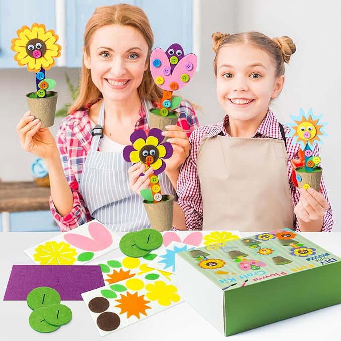 WATINC Mother's Day Spring Felt Flower Craft Kits - Make Your Standing Flowers Gift Crafts with Buttons Flower Pot Decor, DIY Flowers Decorations Home School Fun Activities for Mom Kids (16Pcs)