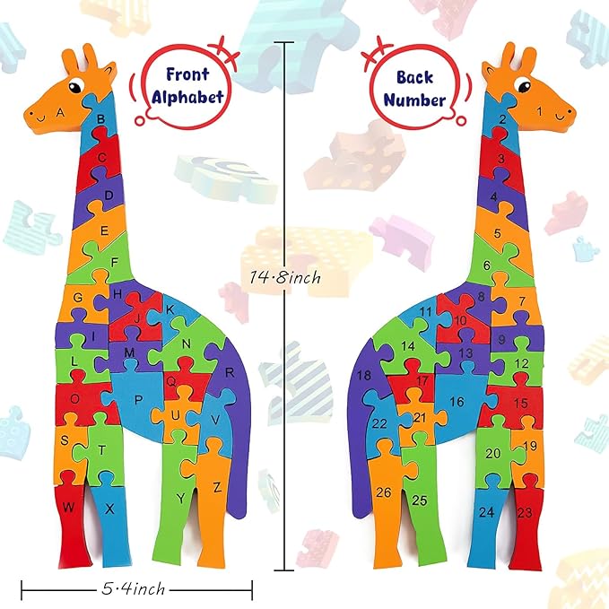 LovesTown Wooden Alphabet Puzzle for Kids, Learning Toy, Giraffe Montessori ABC Educational Letter and Number Jigsaw for Toddlers