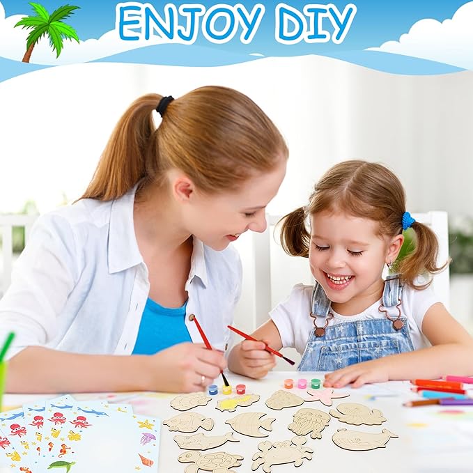 LARDUX Under The Sea Party Favors, 24PCS DIY Sea Ocean Animals Party Favors Wooden Arts & Crafts Painting Kit for Kids, Glow in The Dark Family Crafts Birthday Party Gifts Toys for Boys Girls