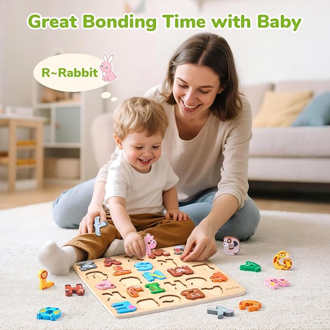 JoyCat Wooden Animal Alphabet Puzzles for Toddlers 1-3, 26 Letter Pieces, Montessori ABC Learning Toy, Gifts for 1 2 3 4 5 Year Old Boy Girl, Preschool Learning Activities