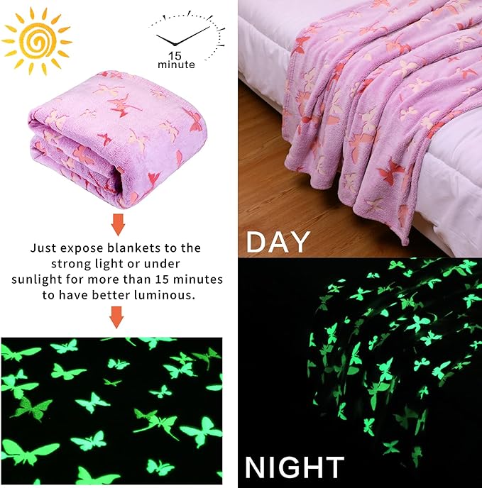 Glow in The Dark Blanket Butterfly Gifts for Kids Girls Birthday Christmas Bedroom Bed Room Decor Soft Cozy Fluffy Plush Fleece Premium Luminous Throw Fun Cool for Teen Toddler 50"x60"