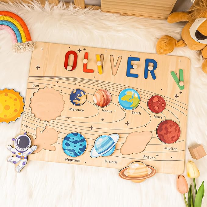 Personalized Name Puzzle for Kids, Custom Baby Gifts for Toddler 1-3, Customized 1st Birthday for Girls & Boys Wooden Planet Puzzle Montessor Toys for Kids