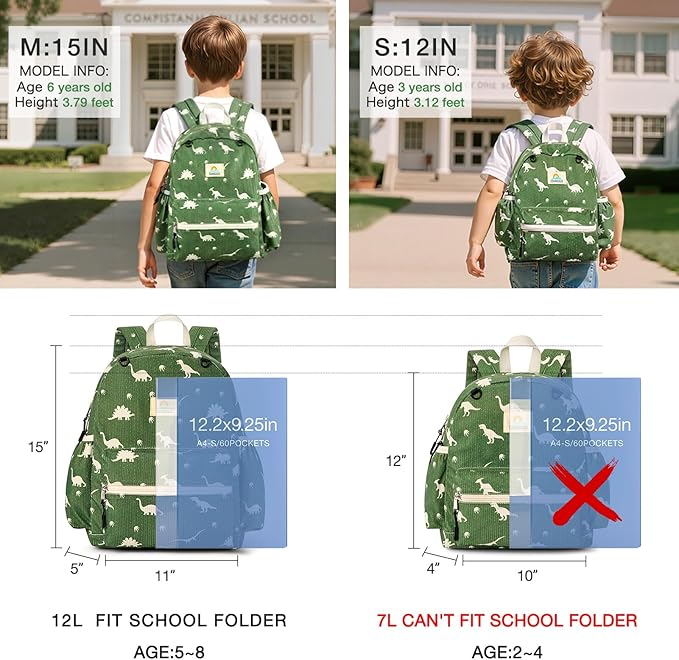 STEAMEDBUN Corduroy Toddler Backpack for Boys 2-4: Kids backpack for Boys Girls - 12 inch Preschool Kindergarten Backpacks - Dinosaur