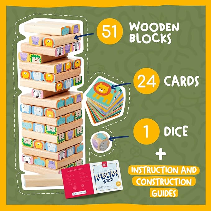 Nene Toys Wooden Block Stacking Game β 4-in-1 Tumble Tower Family Board Game with Building Blocks, Cards and Dice β African Safari Educational Wooden Toy for Kids 3-9 Years Old About Animals