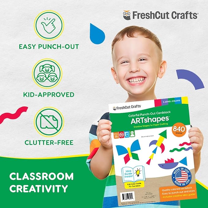 ARTshapes 840 pc Creative Paper Shapes Pack with 70+ Idea Guide - US Made Card Stock - Punch Out Funky DIY Craft Supplies for Whimsical Art Designs, Paper Crafts, and Pattern Play 5 Jewel Colors