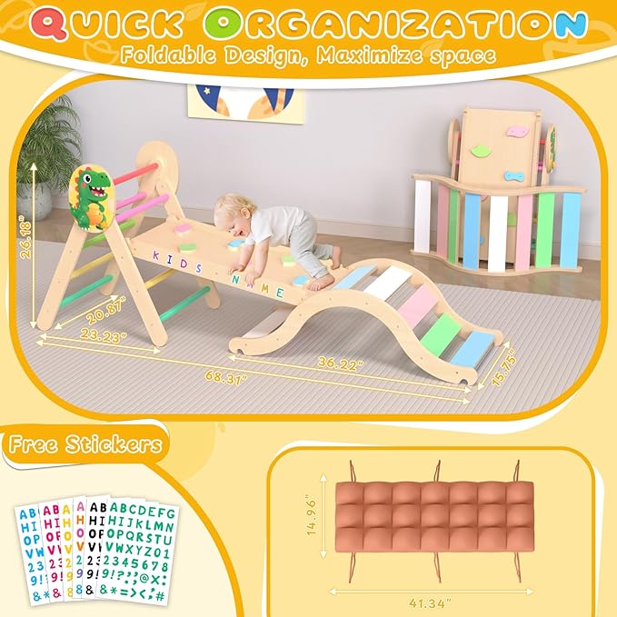 Acenova Pikler Triangle Climbing Set with Cushion and DIY Name Stickers, Montessori Wooden Climbing Gym for Toddlers 1-3, Indoor Jungle Gym, Dinosaur Pikler Triangle Arch Ramp Climber Toy