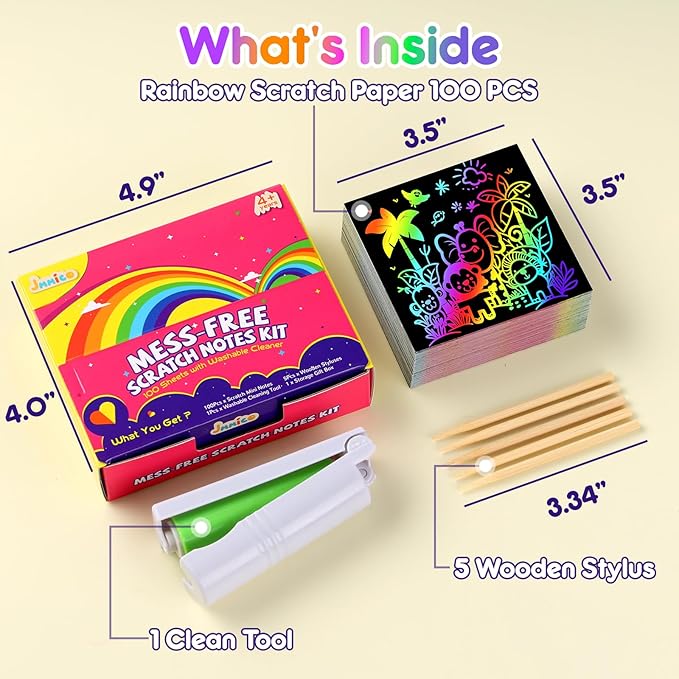 Rainbow Scratch Paper, 100 PCS Scratch Notes with Reusable Cleaner Tool, Mess-Free Art Crafts for Kids Boys & Girls Ages 4-8, Gifts Classroom Prizes Supplies School Birthday Party Travel Toy