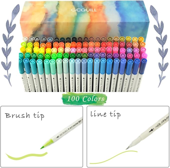 GC 100 Dual Tip Brush Pen Coloring Markers Set Flexible Brush Fineliner Tips - Watercolor Based Markers for Adult Coloring Books Calligraphy Hand Lettering Drawing Markers 100W