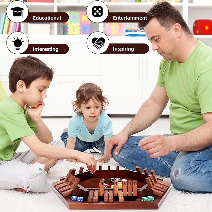 Shut The Box Game Wooden Board 6-Way with Carry Bags and 16 Dice, Portable Close The Box Game for 1-6 Players, Math Educational for Kids, Adults (Instruction Included)