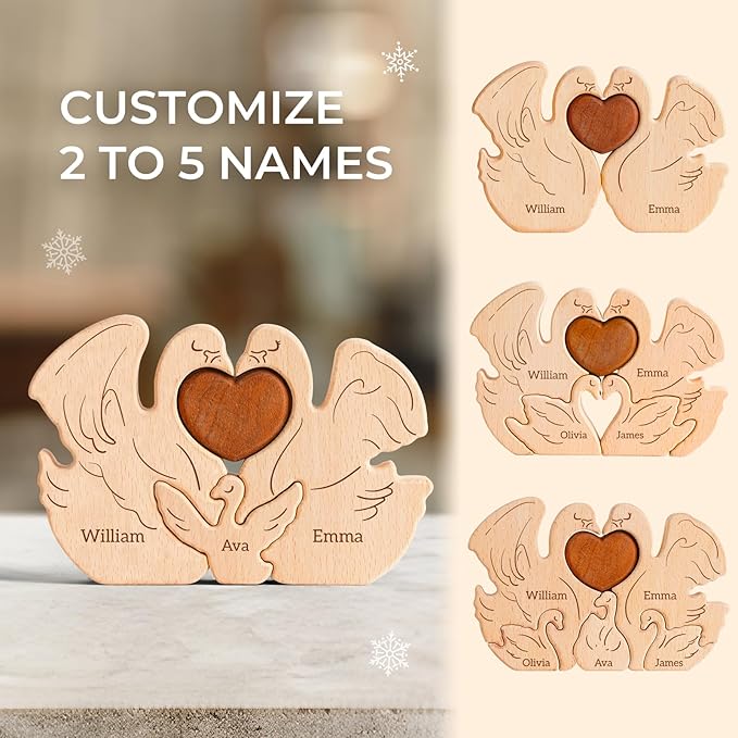 Wooden Swan Family Puzzle, Personalized Puzzles with 2-5 Names, Mothers Day Birthday Personalized Gifts for Mom Dad Kids Boys Girls Grandma Toddler, Christmas Thanksgiving Decor