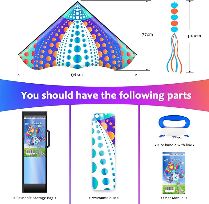 HONBO Large Delta Kite for Kids & Adults,Extremely Easy to Fly Kite for Beach Trip,String Line Included,with Colorful Tail,Perfect for Beginners