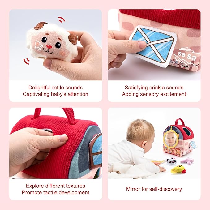 Baby Toys 6-12 Months, Montessori Sensory Newborn Toys, Stuffed Farm Animals with Rattle, Mirror, Crinkle Paper, Gift for 6-12 12-18 Months 1-3 Year Old Toddlers Boys Girls