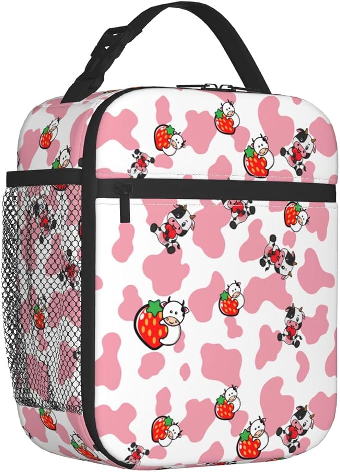 Pink Strawberry Cows Print Reusable Lunch Box Food Bag Insulated Lunch Bag for Teenage Boys Girls School Beach