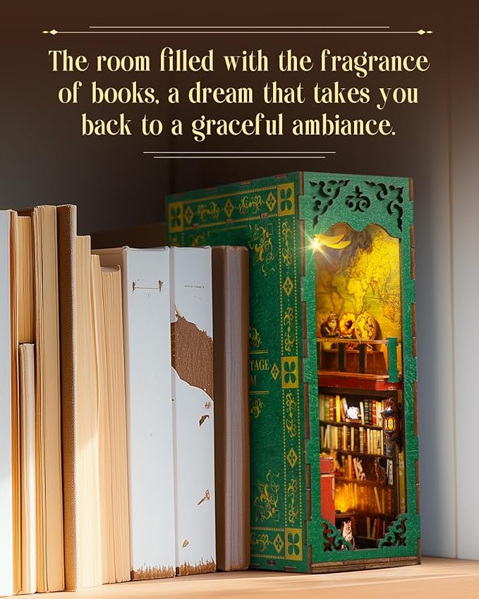 Book Nook Kit,Vintage Library Miniature House Kit for Teens and Adults with LED Lights,3D Wooden Puzzle Tiny House Booknook Bookend Bookshelf Decor Model Build.(Vintage Bookstore