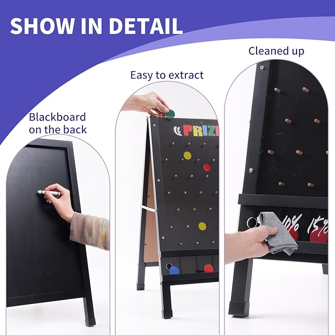 Prize Drop Game Board, 15.7"X27.5" Double-Sided Foldable Design with Wooden A-Frame Chalkboard Sign for Family, Carnival, Trade Show & Party-Includes 10 Coin Drop Discs and Chalk Set, Portable Design
