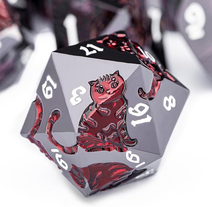 Metal DND Cat Dice 7PCS Polyhedral RPG Dice Set with Gift Case for Dungeons Dragons Role Playing Game, D and D Dice D6 D8 D10 D12 D20 D% (Red Black)