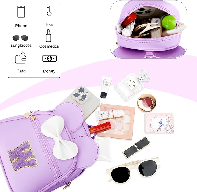 KKXIU Girls Initial Bowknot Cute Mini Backpack for Toddler, Travel Small Girl Backpacks, Personalized Trendy Stuff Gift for Little Girls and Kids(W, Purple)