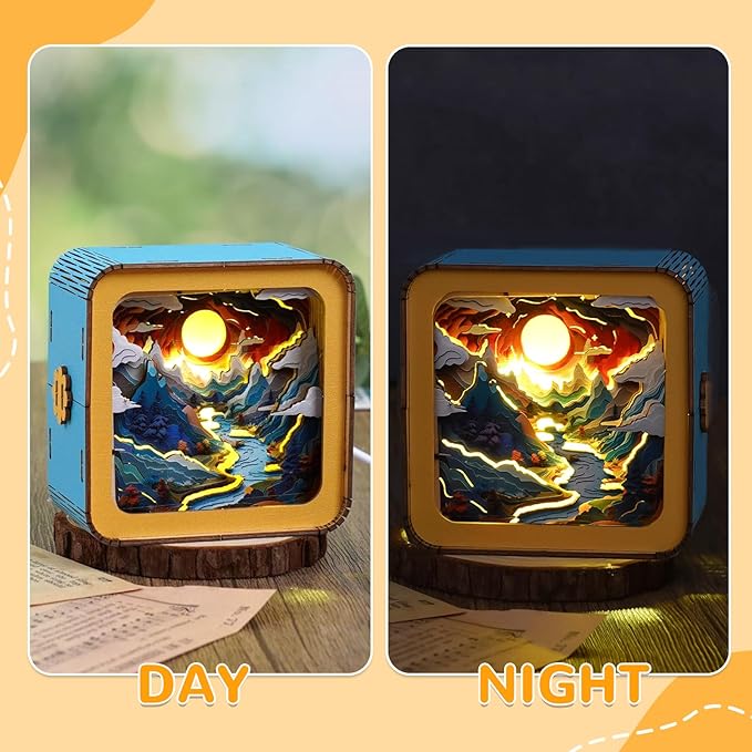 3D Wooden Puzzle Night Light, Valley Sunset DIY Puzzles for Adults, Eye Care Night Light with Touchable Switch, Personalized Gifts for Family Friend DIY Puzzle Lover