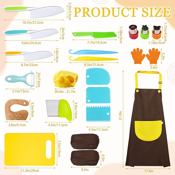 RISICULIS 21 Pieces Toddler Knife, Kids Knife Set Includes Wood Kids Safe Knife, Plastic Toddler Knife, Cutting Board, Apron, Chef Hat, Y Peeler, Crinkle Cutter, Cake Scraper, Gloves, Sandwich Cutter