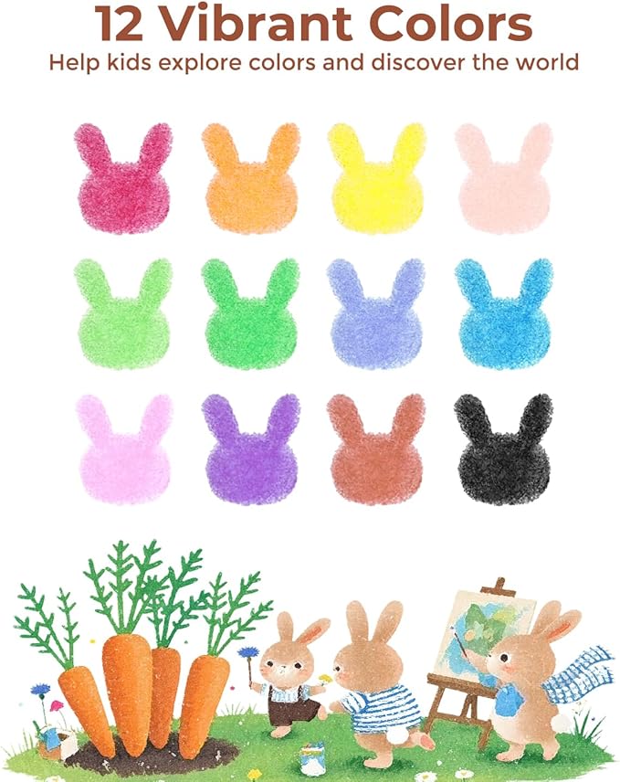 12 Colors Crayons for Toddlers 1-3, Non Toxic Beeswax Carrot-Shaped Toddler Crayons with 30-Page Coloring Book and 120 PDF Pages, Mess-Free Coloring for Kids Ages 2-4 4-8 Art Supplies Gift