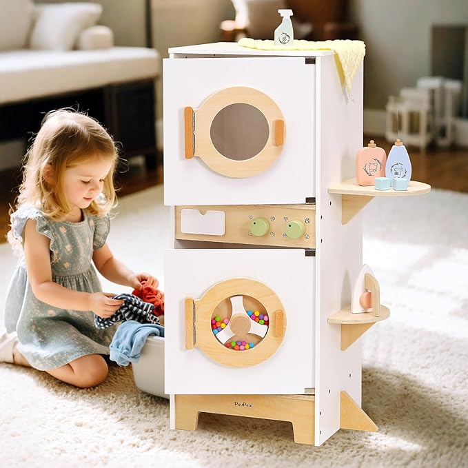 PairPear Wooden Toy Washing Machine Playset, Kids Washer & Dryer Laundry Playset with Iron, Toddler Pretend Kitchen Spinning Bead Drum Toy Gift for Age 3+