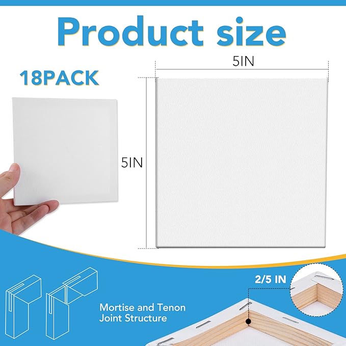 ESRICH Mini Canvases for Painting, 5x5In Canvas in Bulk 18Pack, 2/5In Profile Small Square Canvas, Blank Canvases are Great for School Projects and Kids Birthday Parties, Home Decor Project.