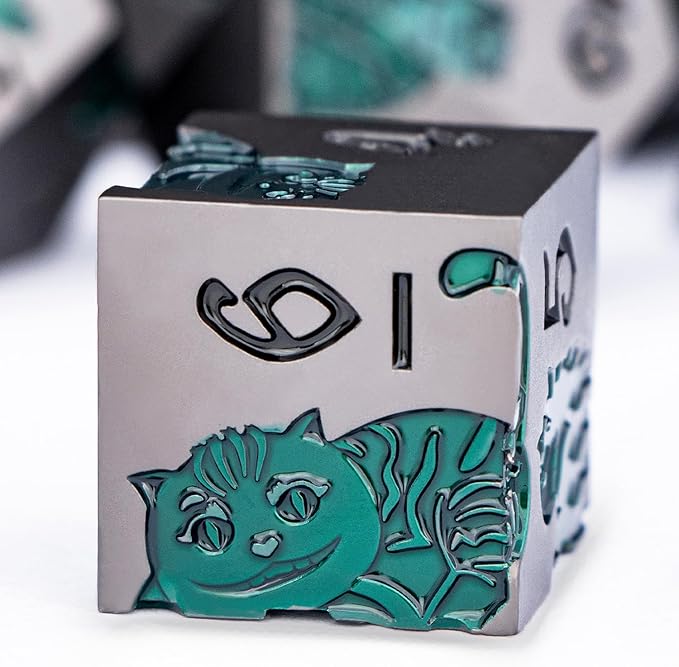 Metal DND Cat Dice 7PCS Polyhedral RPG Dice Set with Gift Case for Dungeons Dragons Role Playing Game, D and D Dice D6 D8 D10 D12 D20 D% (Grey Green)