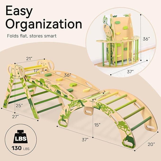 Wingyz 8-in-1 Pikler Triangle Set with Cushion-Wooden Baby Climbing Toys with Arch, Ramp & Ladder | Montessori Toddler Climber Indoor Jungle Gym for 1-3 Year Olds (Green)