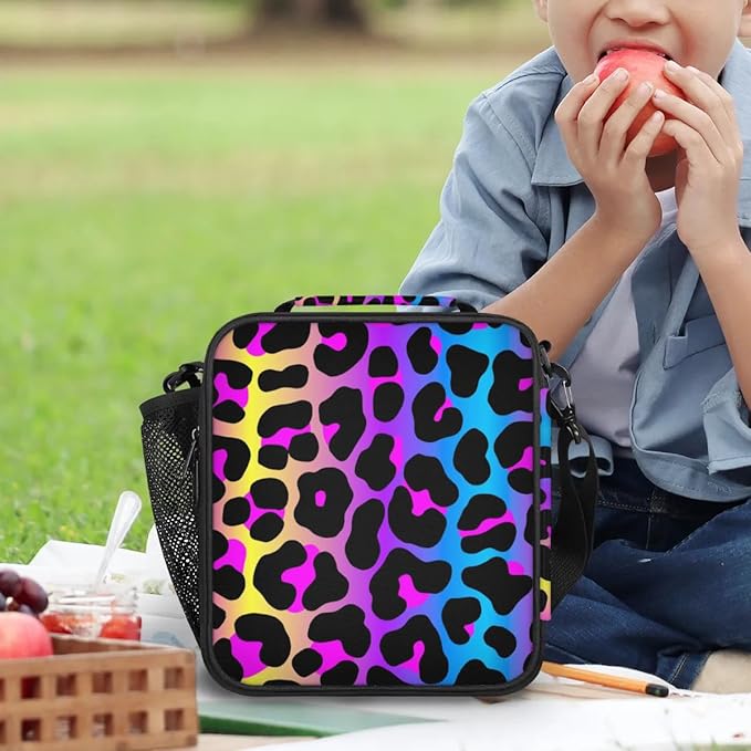 Rainbow Leopard Lunch Bags with Shoulder Strap Cheetah Print Insulated Lunch Boxes for Kid Girls Women Waterproof Thermal Cooler Tote Bag Portable Picnic Bag for School Work Outdoor Gifts