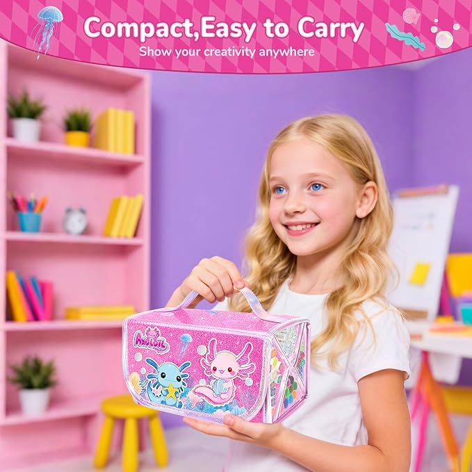 70PCS Axolotl Washable Markers Set with Glitter Pencil Case,Art Supplies for Kids Ages 4-6-8,Drawing Coloring Art Craft Kits for Girls with Marker,Glitter Pens,Crayon,Birthday Gifts Toys for Girls