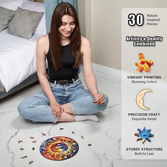LEOGOR Wooden Jigsaw Puzzles for Adults 200 Pieces (11.3 × 11.3 in), Sun Moon Puzzle, Extra-Thick 5mm Wood, Round Mosaic Puzzle, Unique Animal Shapes, Relaxing Artistic Gift for Adults and Teens