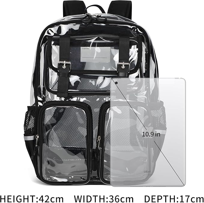 Clear Backpack for School - 17" Transparent Backpacks With Water-Resistant PVC Plastic Material and Ruggedly Reinforced Shoulder Straps, School Bag for Teen Boys Girls Black