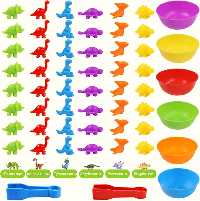 TSYAN Counting Toys Matching Game for Kids with Sorting Bowls Sensory Toys Color Classification Game Set Early Learning Toddler Preschool Montessori Educational Toys for 3 4 5 Years Old-Dinosaurs