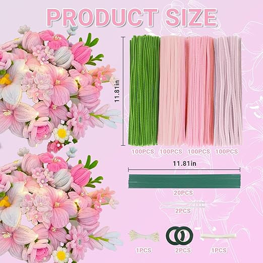 400 Pcs Pipe Cleaners Craft Kit and Craft Supplies Set, 4 Colors Chenille Stems Craft Kits. Includes Floral Tape, Wire, Stems and More, DIY Arts and Crafts Supplies for Flower Making (Pink)