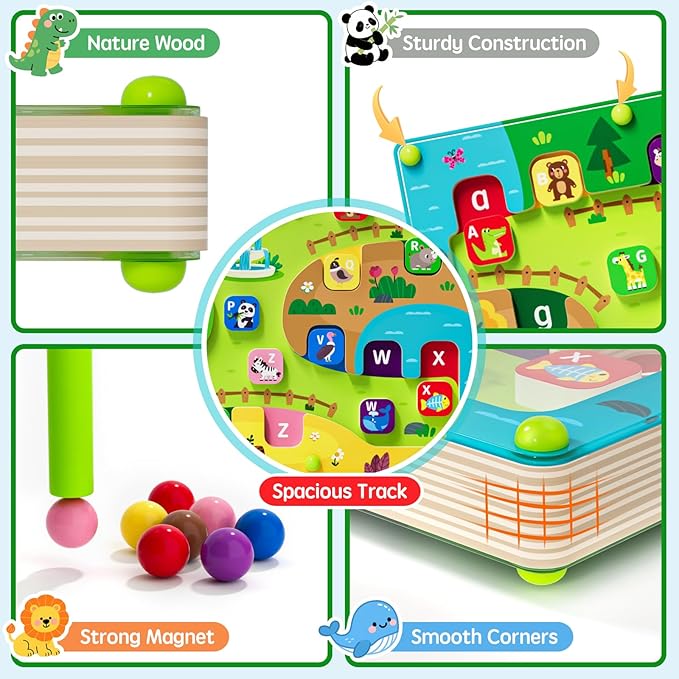 2 in 1 Magnetic Color and Number Maze Magnet Alphabet Counting Double Sided Board Wood Puzzle Fine Motor Skills Montessori Preschool Toys Gifts for Boys and Girls 3-5 Age (Big Zoo, One Size)