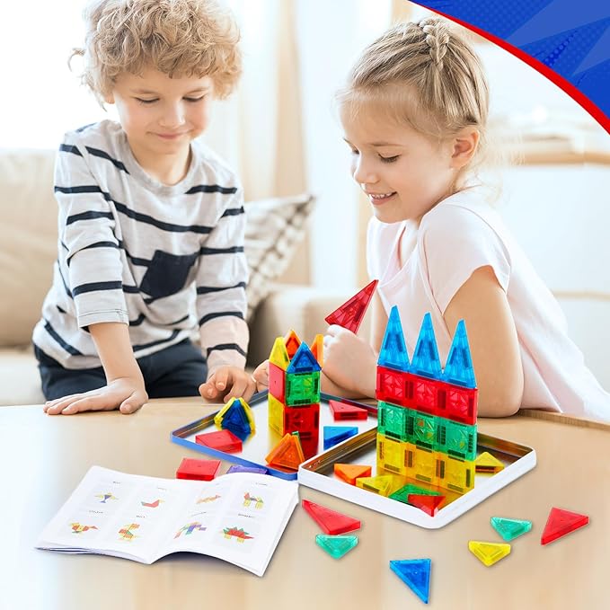 Gemmicc 58 PCS Mini Magnetic Tiles, Travel Magnet Construction Toys with Metal Storage Box, Sensory Montessori Toys for Boys Girls