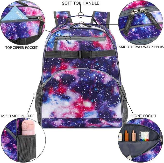 FlowFly Kids Backpack for Toddler Boys Girls, Simple Lightweight Bookbag for Daycare Kindergarten Elementary School Travel, Small Modern Bag (Large), Galaxy