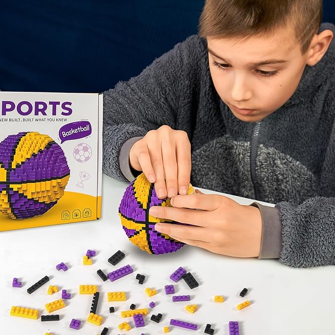 Basketball Building Blocks Set, 800 Pieces Adult Challenging STEM Purple and Yellow Building Blocks Decoration, Mini 3D Educational Toy, Realistic Basketball Model for Kids(800Pcs)