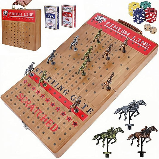 Glintoper Large 21" Horse Racing Game for Adults Family, Horse Race Board Games with 11 Luxury Metal Horses, Foldable Wood Board with 2 Dices 2 Boxes of Cards 40 Poker Chips Finish Line for Parties