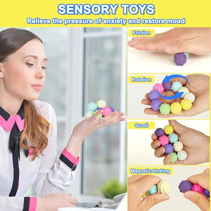 10Pcs Rainbow Texture Sensory Fidget Toy Multi-Color Educational Science Kit Anxiety Relief 24mm DIY Mutual Attraction Desk Balls Kids Adults Stocking Stuffers Gift for Party Favors Gift