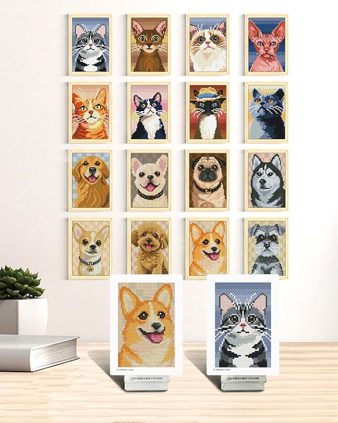 forever young Minigem Small Diamond Art Kits for Beginners, 16 Pcs Resin Square Drill Diamond Painting Kits for Adults, 2-Hour Postcard-Style Mini Diamond Art Kits 5x7 Inch – 2 Sets: Cats & Dogs