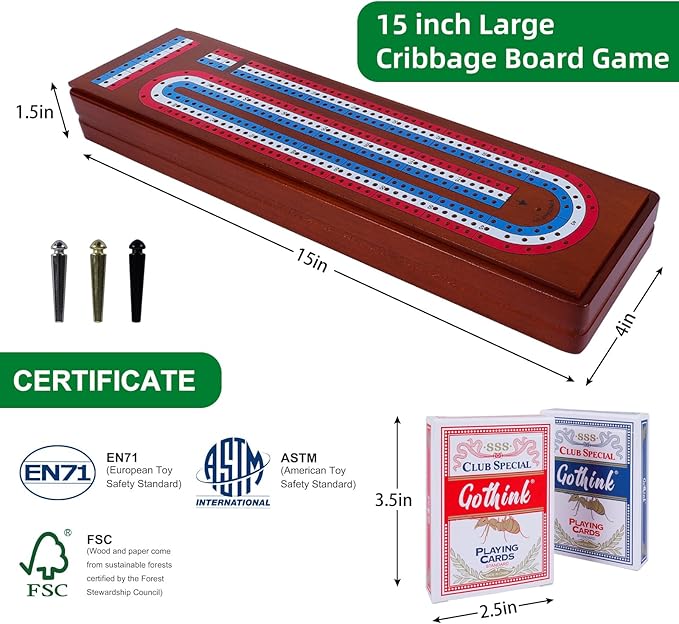 15 Inch Large Wooden Cribbage Board Game Set – 3-Track Scoreboard with Storage Slots for 2 Cards & 9 Metal Pegs – Portable Travel Table Game for Kids Adults & Family Night
