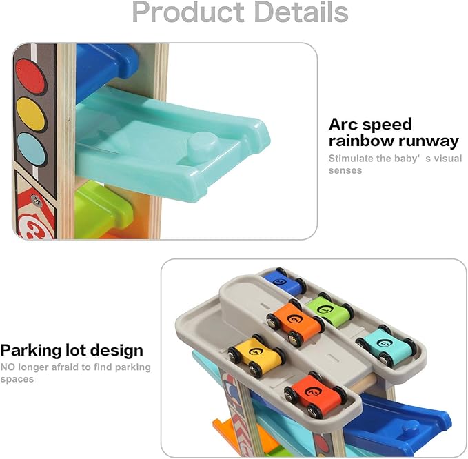 TOP BRIGHT Wooden Car Ramp Toddler Toys for 1 2 Year Old Boy Race Track, Race Car Ramp for One Two Year Old with 6 Mini Cars