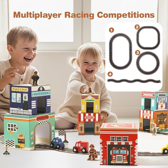 Youuys Sorting and Stacking Toys for Toddlers with Nesting Garages & Race Track & Wooden Cars & Community Helpers, Montessori Nesting Boxes for 1-3 Preschool Learning for 1 2 3 Boys Girls Gift